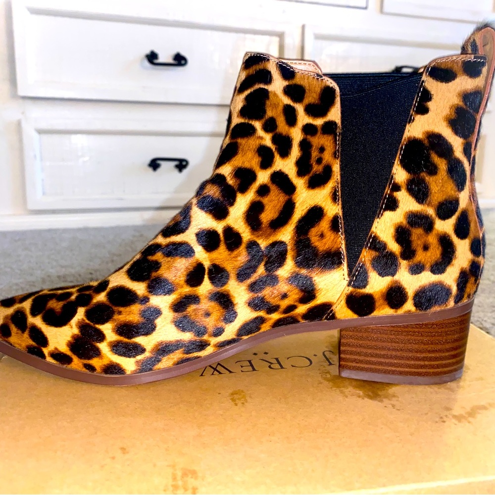 JCREW FALLON LEOARD CALF HAIR ANKLE BOOTS